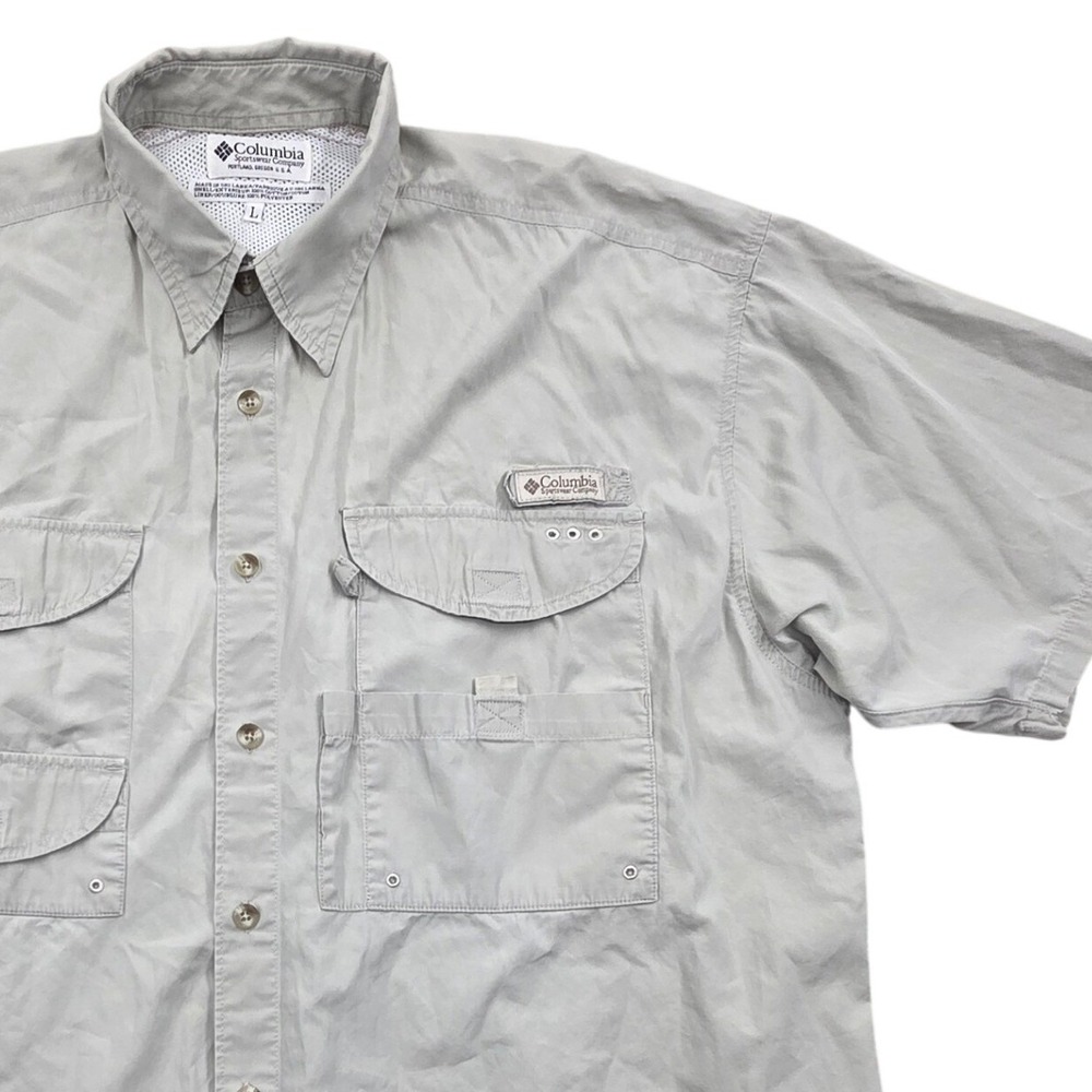 Vintage Columbia PFG Bonehead Short Sleeve Fishing Shirt Tan Mens Large